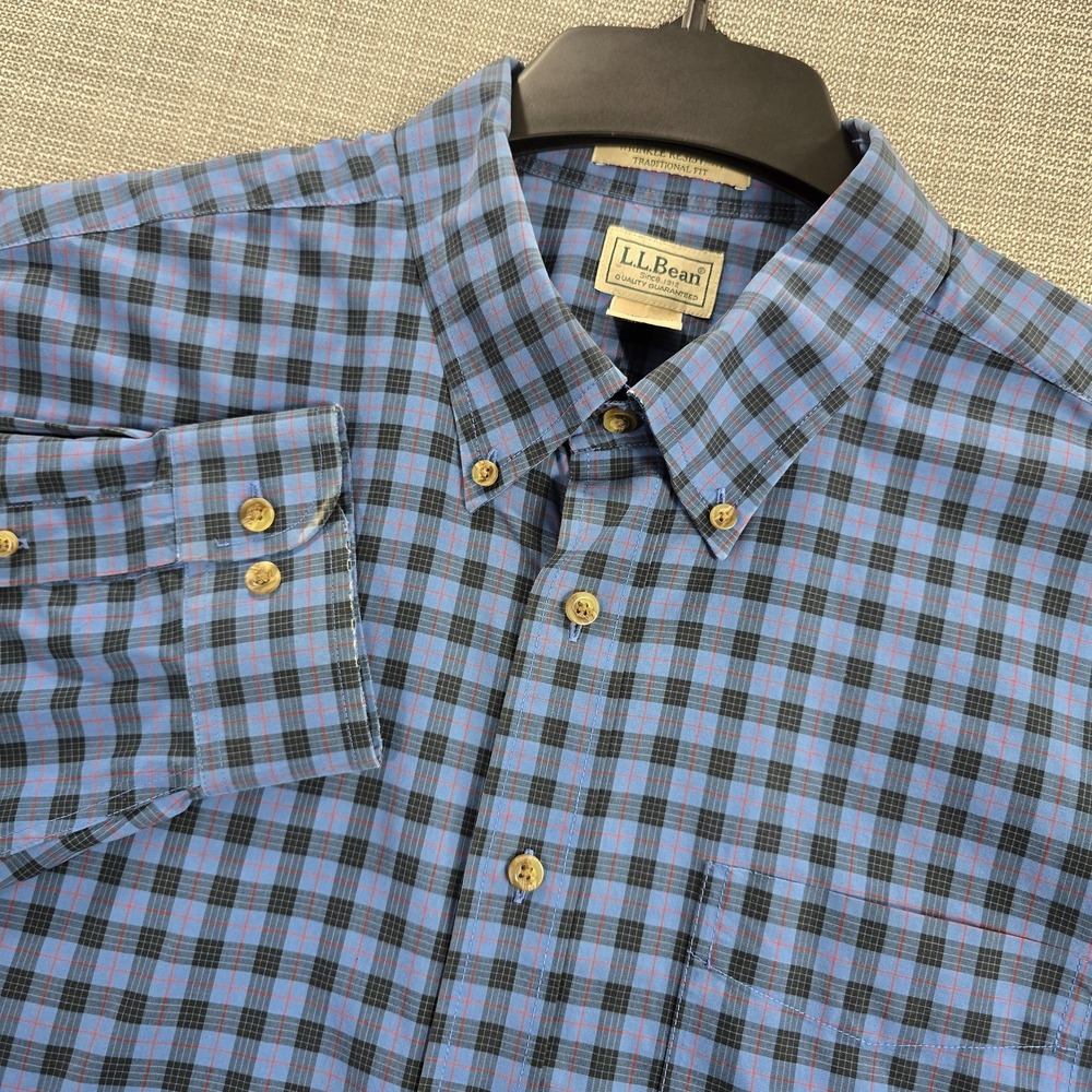 L.L. Bean Shirt Mens 2XL Blue Plaid Wrinkle Resistant Traditional Fit Cotton